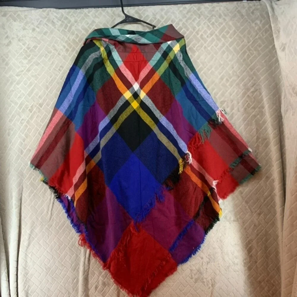 Lake Shore Drive Womens Poncho Toggle Closure Colorful Plaid Fringe Cottage Core - Picture 11 of 16